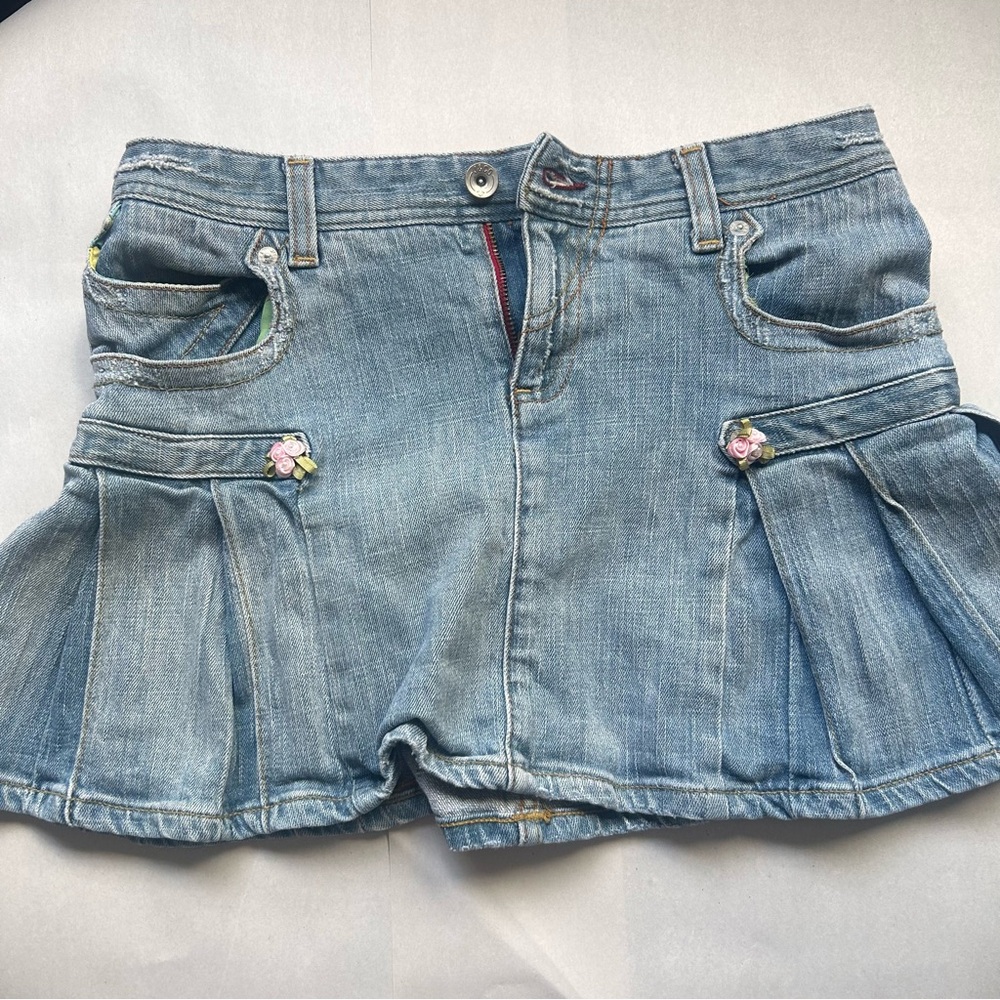 Stylish Blue Denim Skirt with Floral Accents